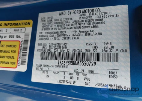 2021 Ford Mustang Mach 1 Fastback z USA, uszkodzony, nr VIN 1FA6P8R08M5550729